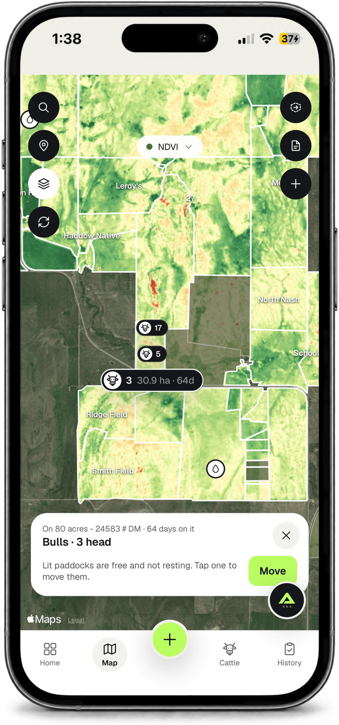 Carte de pâturage dans l’application Agrivanna : enclos colorés selon l’indice de végétation, avec les jours de pâturage d’un troupeau et le bouton « Move »