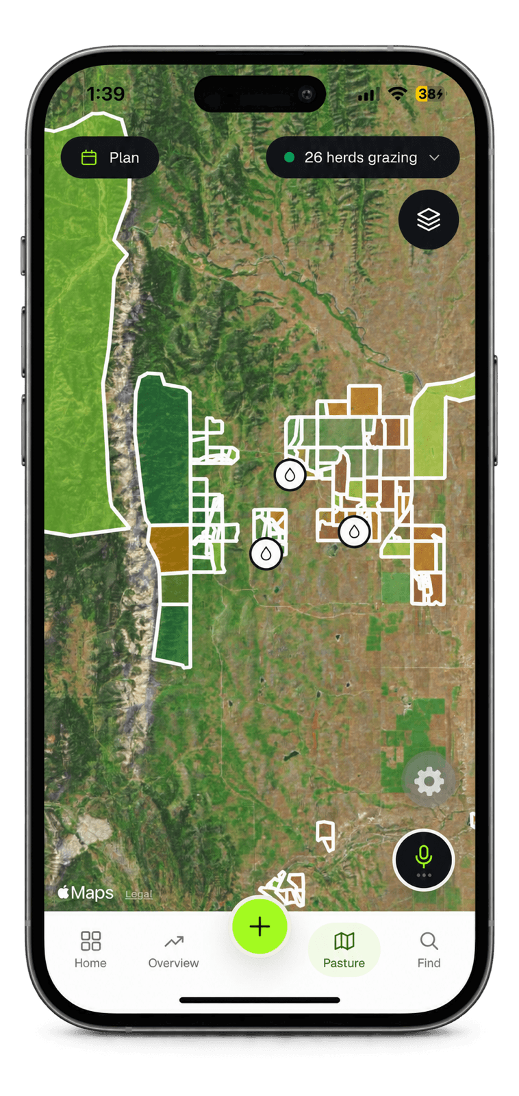 Satellite pasture map showing grazing status across paddocks