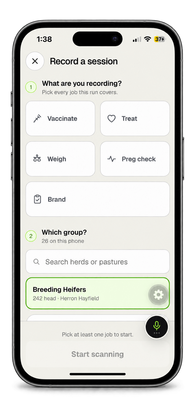 Picking the jobs a chute session covers in the Agrivanna app