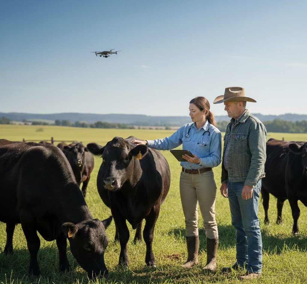 Veterinarian and farmer with cattle, tablet and drone for animal health monitoring